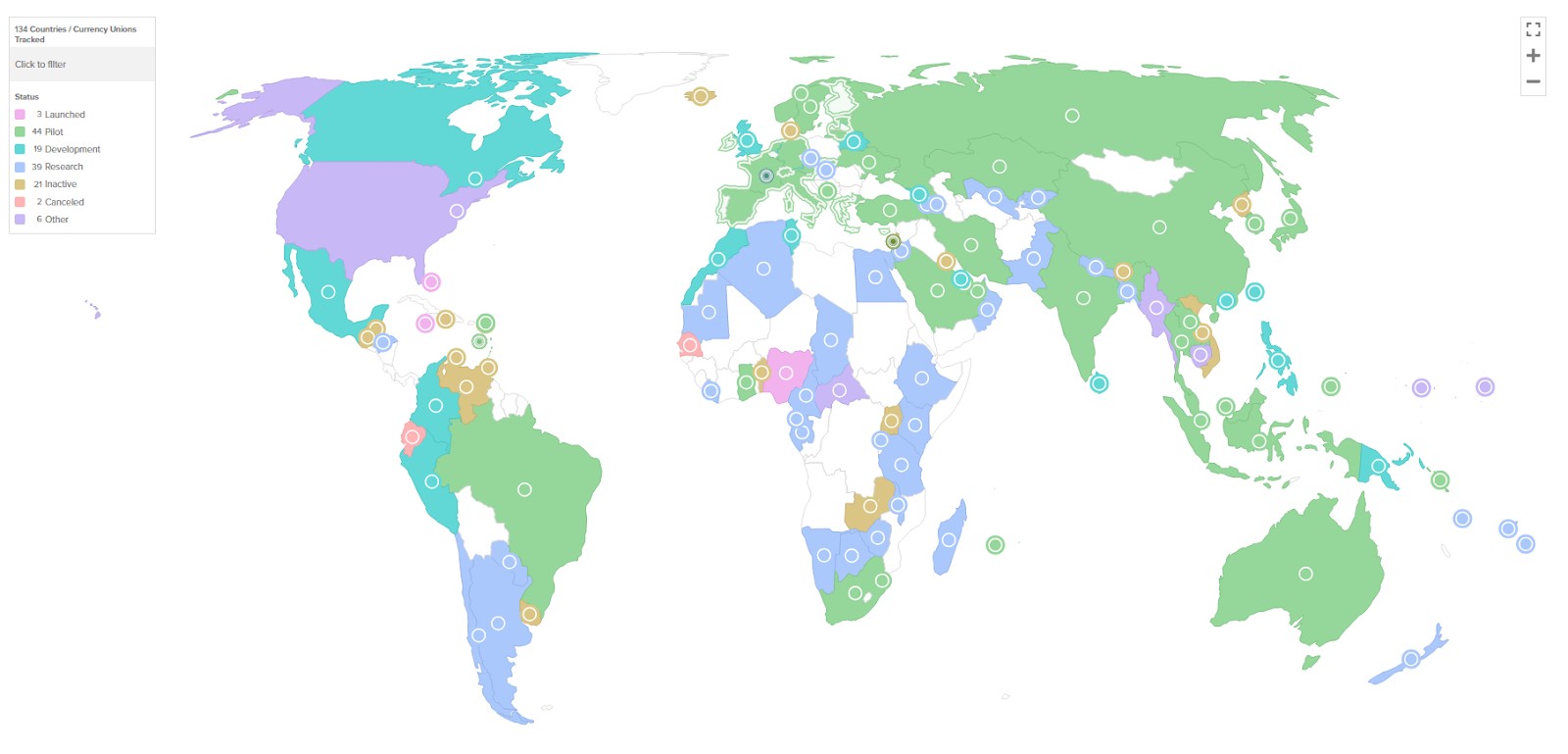 Map of the <span translate="no">CBDC</span> projects by country;