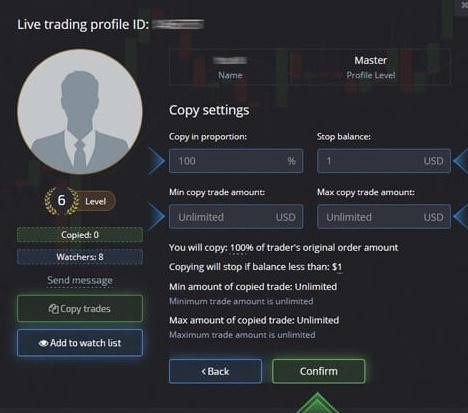 Choosing copy trading settings