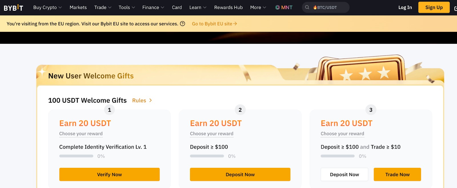 Пример бонусов для новых клиентов на бирже Bybit