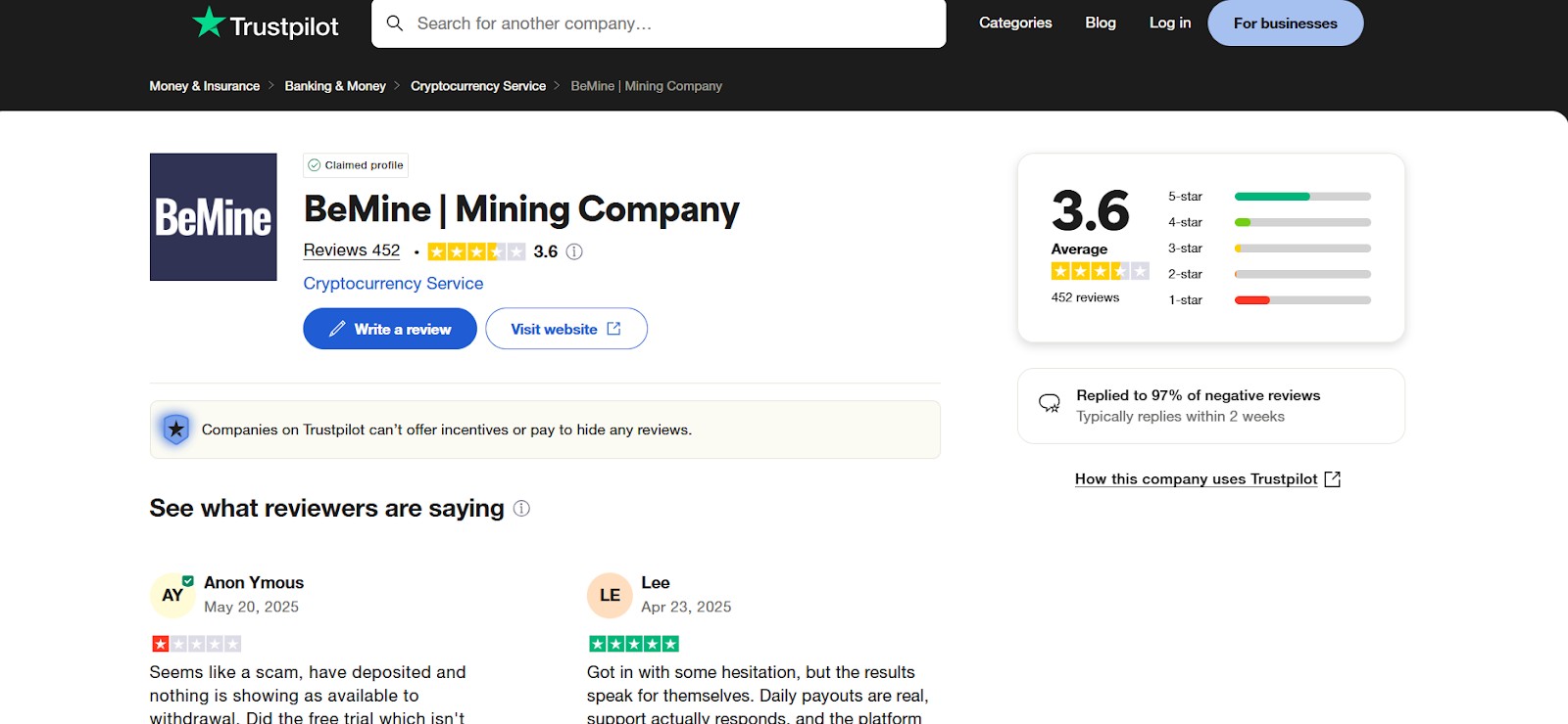 Отзывы о BeMine на Trustpilot
