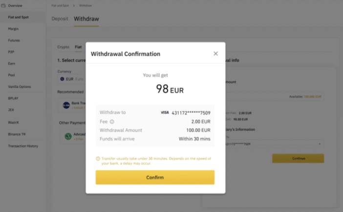 Withdrawal confirmation