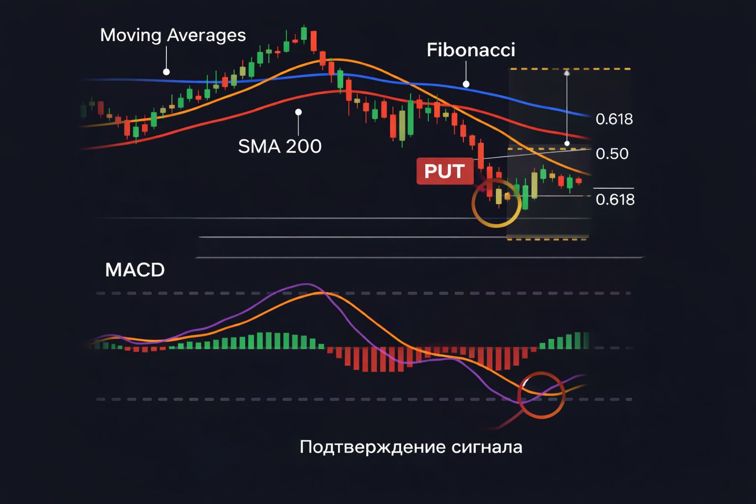 Пример сигнала PUT по стратегии со скользящими средними, уровнями Фибоначчи и подтверждением от MACD