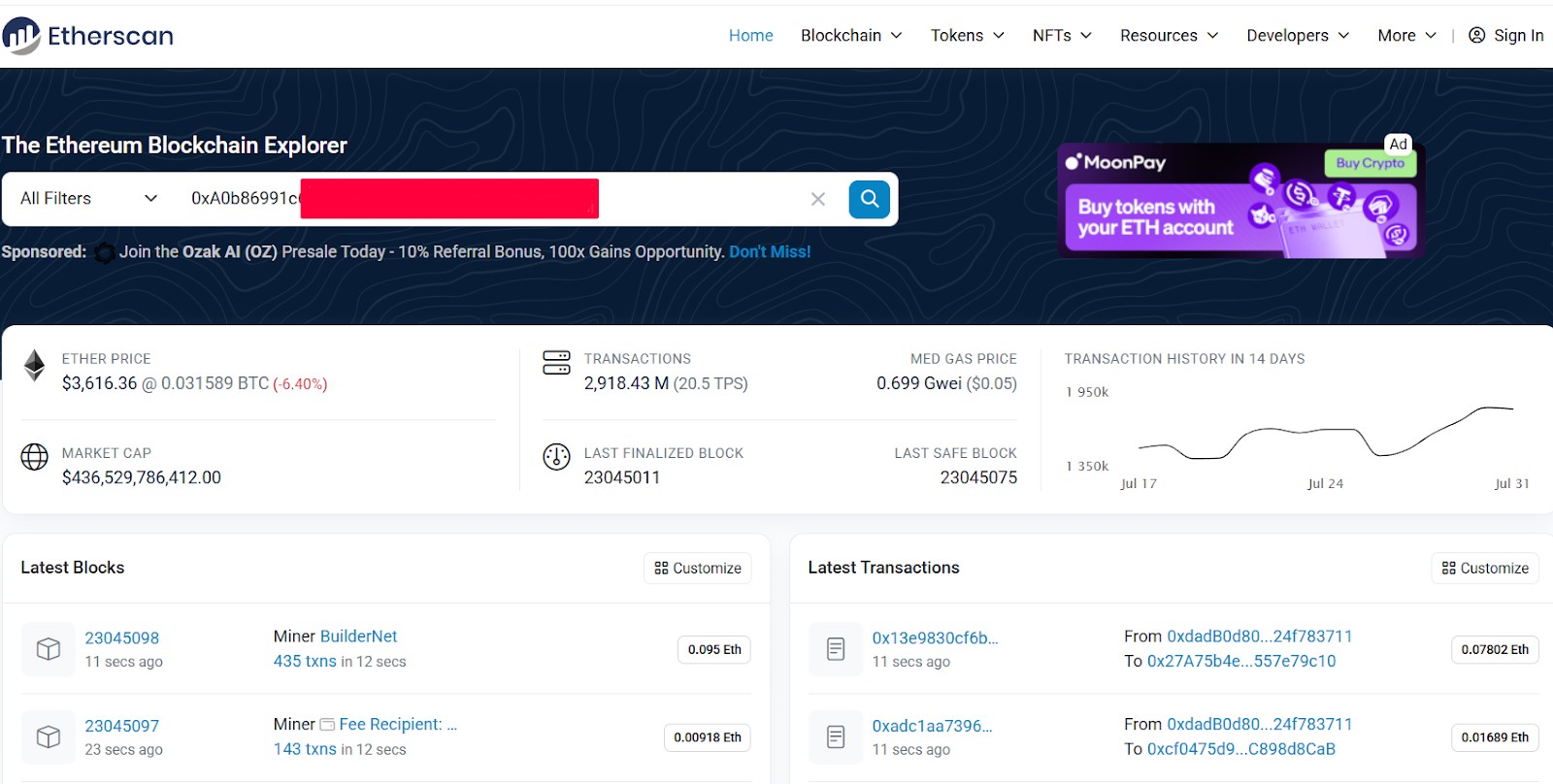 Адрес смарт-контракта в поисковой строке Etherscan