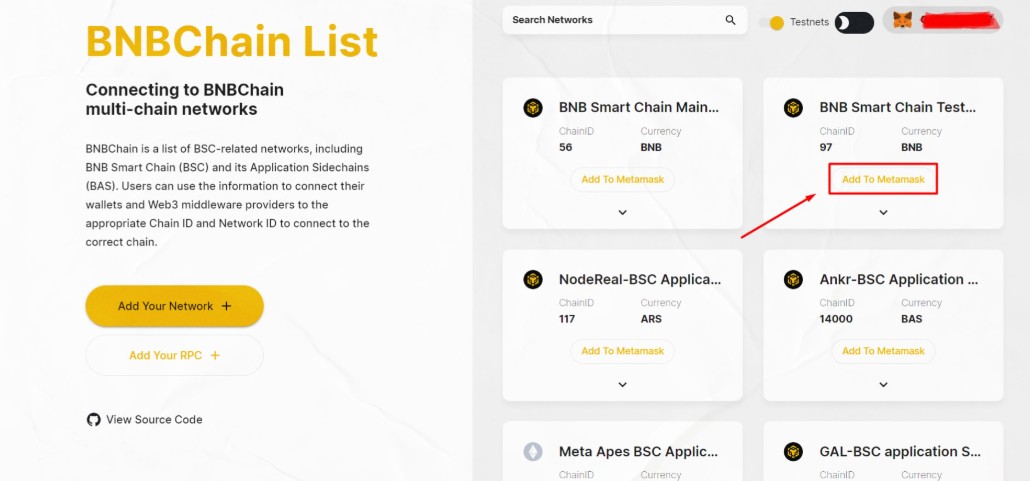 Додавання гаманця MetaMask на BNB Chain Testnet