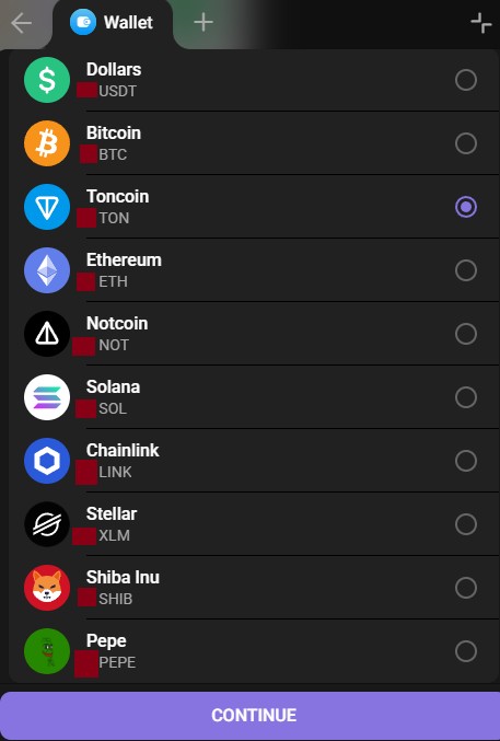 Доступные криптовалюты в Telegram Wallet