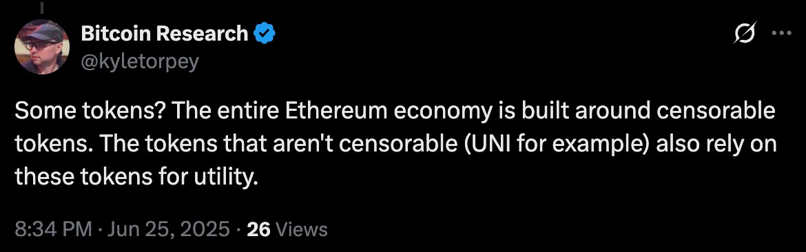Ethereum Economy Built on Censorable Tokens