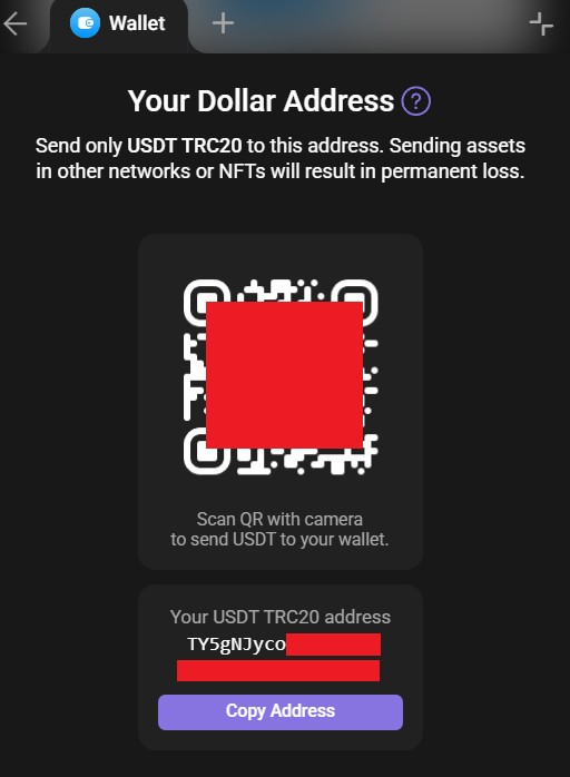 Адреса для отримання криптовалюти в Telegram Wallet