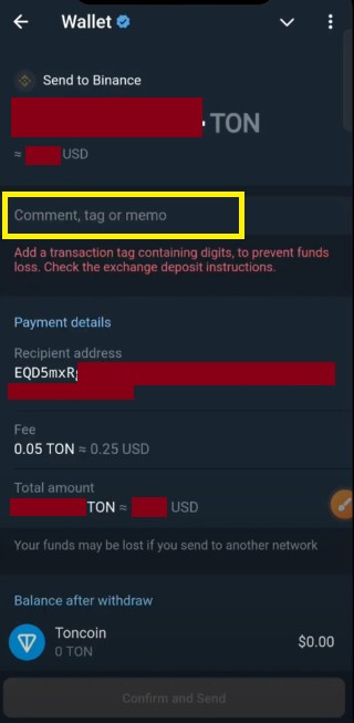 Переказ криптовалюти з MEMO на прикладі Telegram Wallet