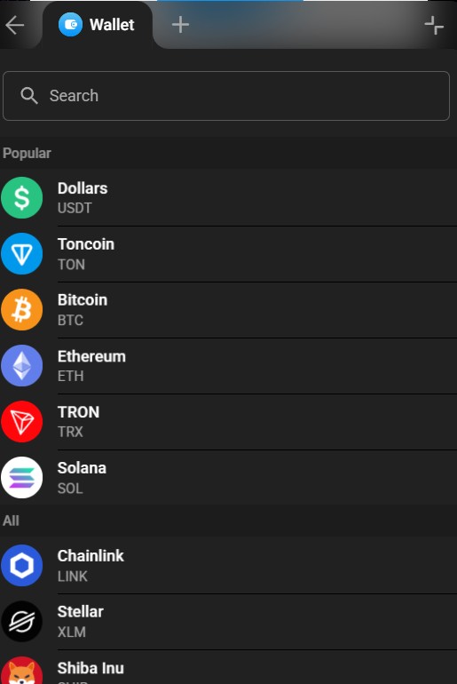 Вибір криптовалюти для поповнення в Telegram Wallet