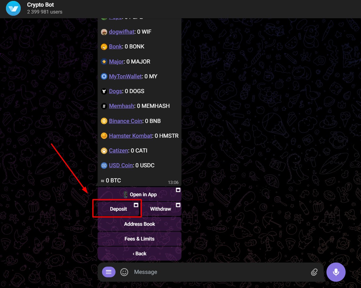 Кнопка "Deposit" у Crypto Bot
