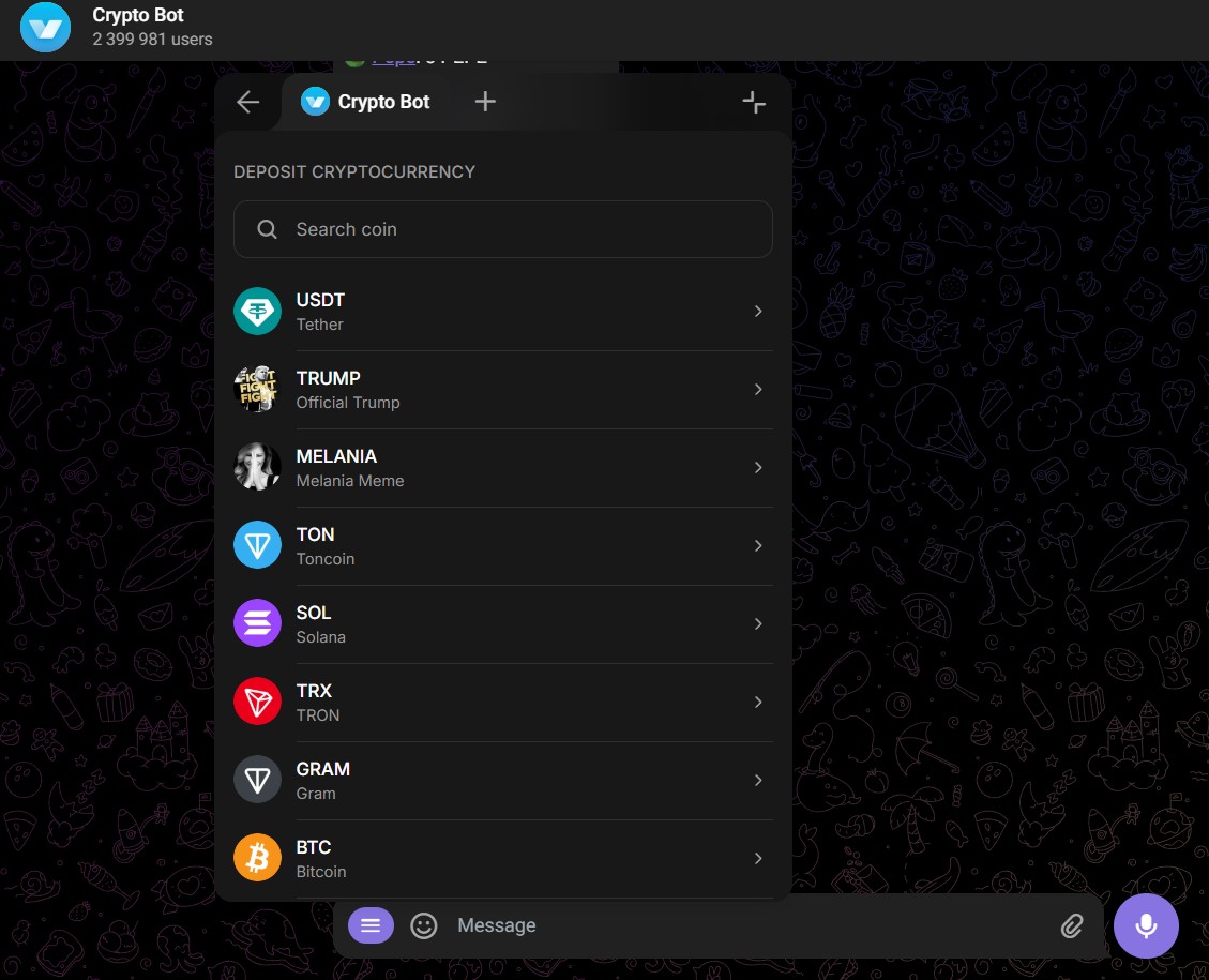 Вибір криптовалюти в Crypto Bot