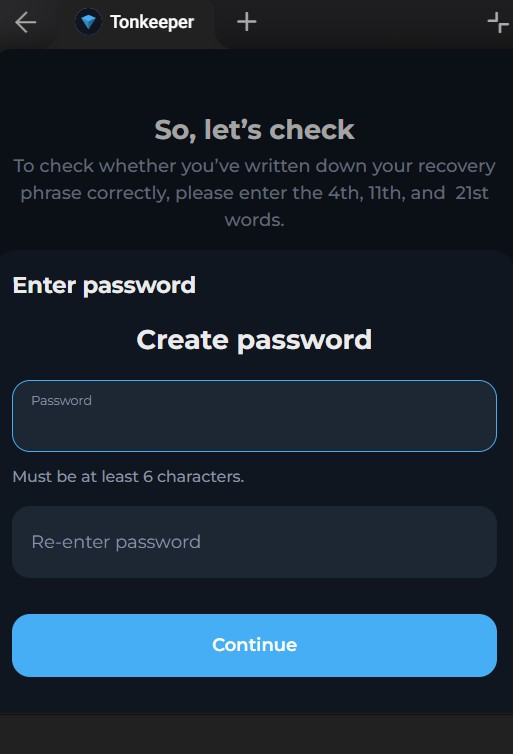 Создание пароля в Tonkeeper