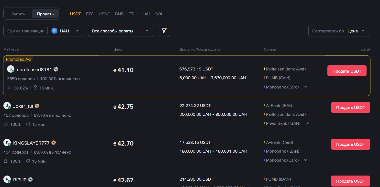 Вывод средств через P2P в Binance Wallet