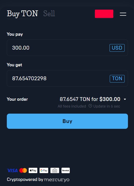 Купівля криптовалюти через платіжну систему Mercuryo в Tonkeeper