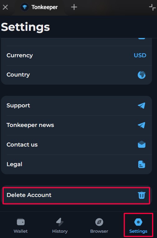 Кнопка "Delete Account" в Tonkeeper