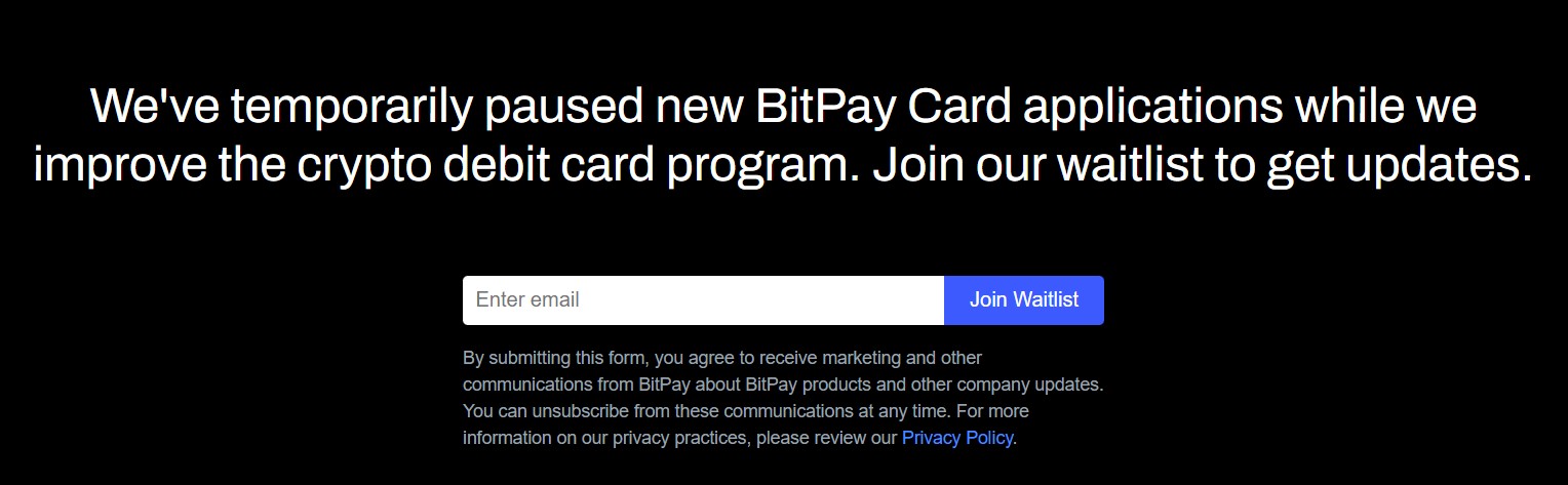 Предупреждение о приостановке выпуска новых карт на сайте BitPay