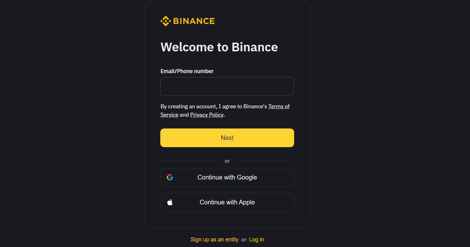 Screenshot login page from binance.com