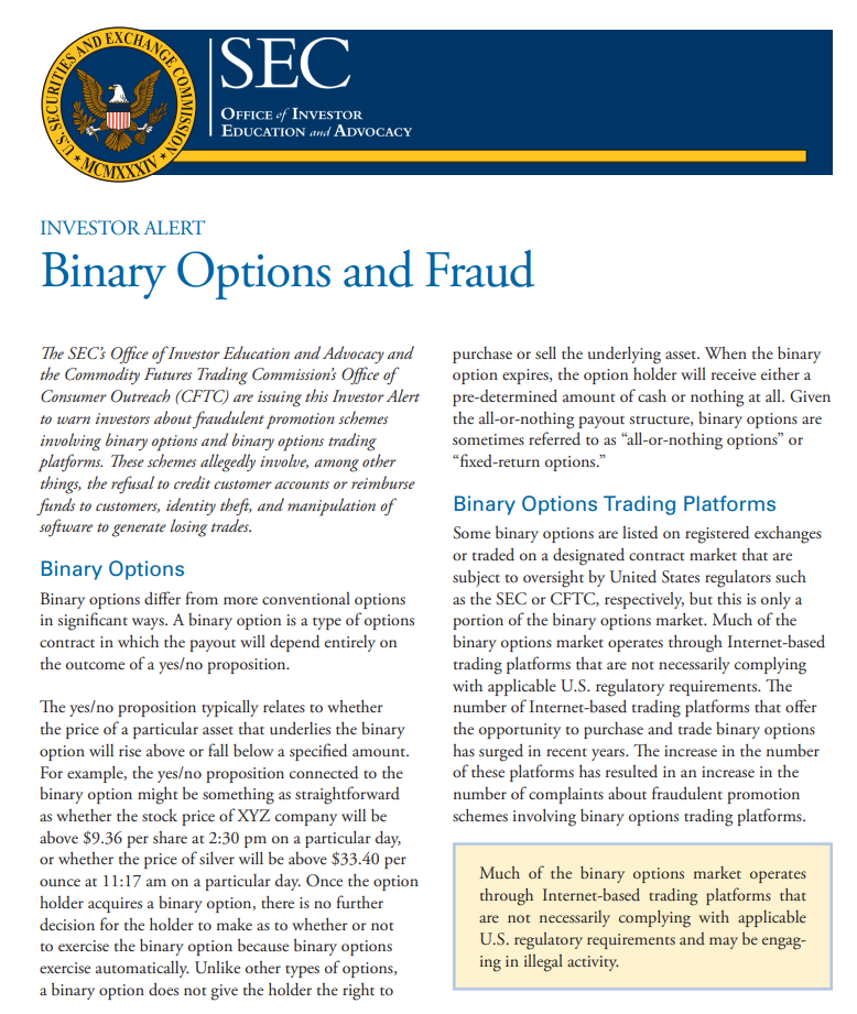 US SEC warning about binary options