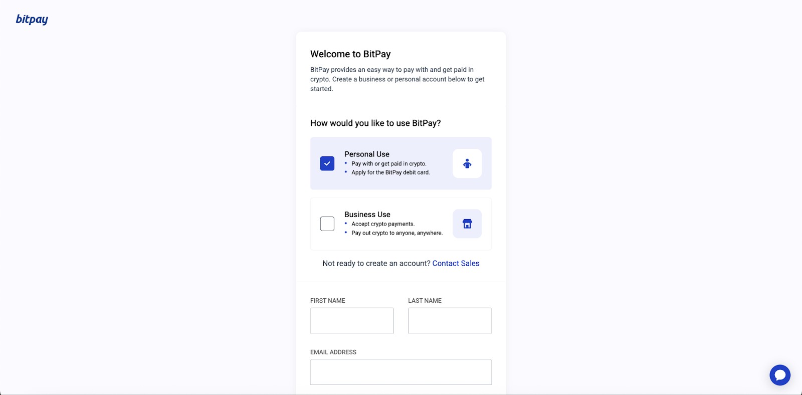 BitPay registration page