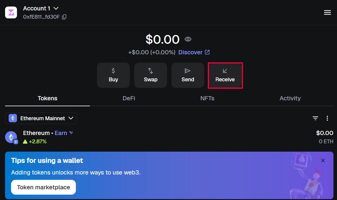 Кнопка "Receive" в MetaMask