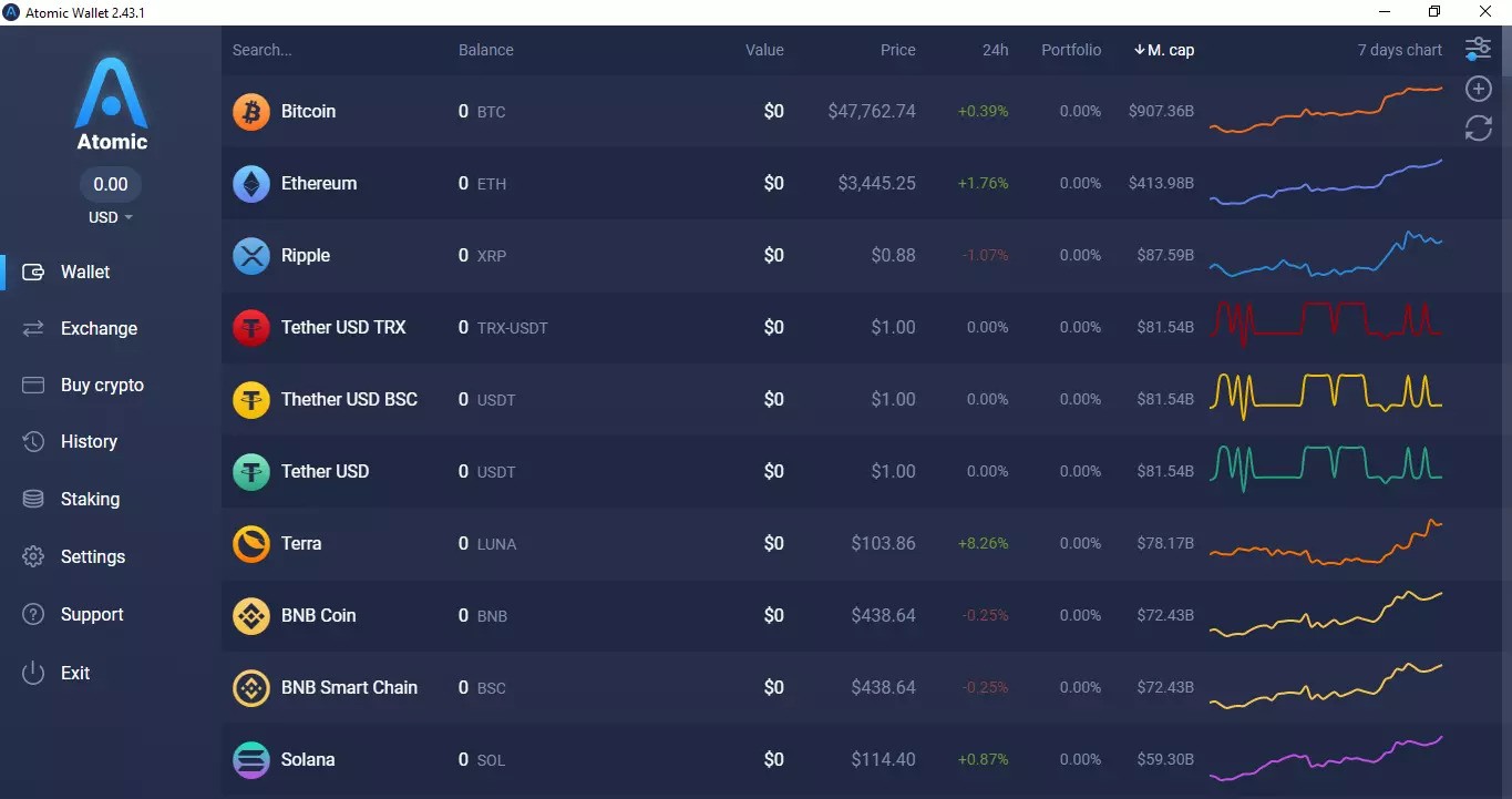 Установка Atomic Wallet: интерфейс кошелька