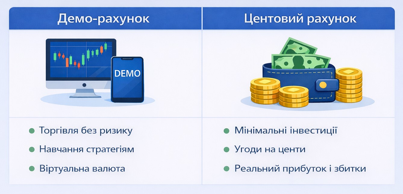Демо- та центові рахунки для старту на фінансових ринках
