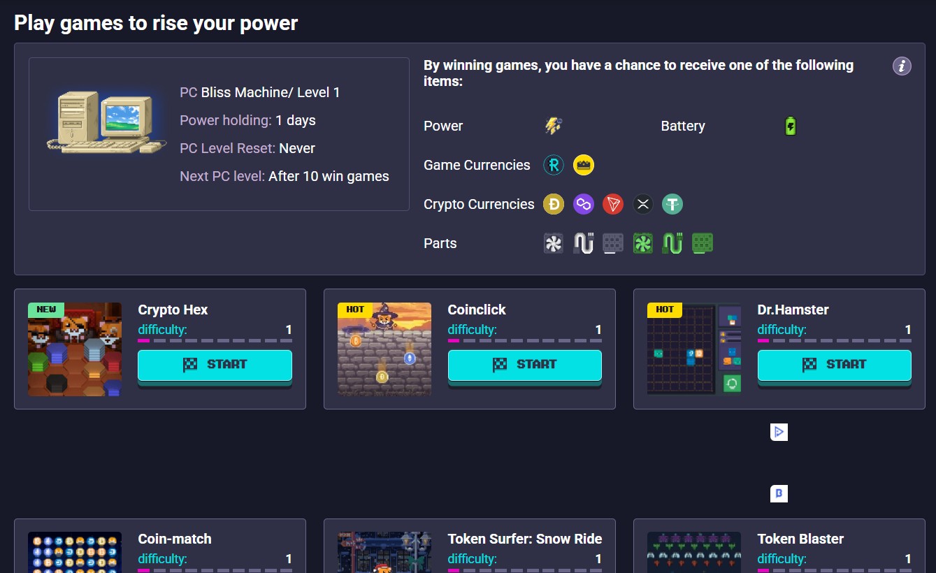 Раздел "Games" на RollerCoin