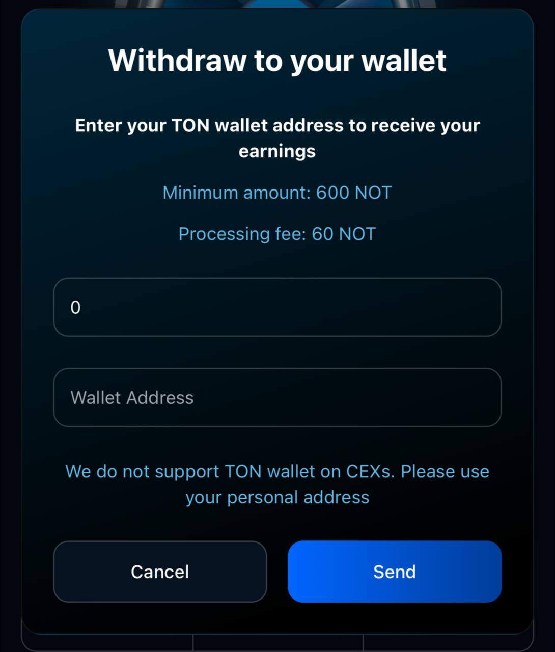 NOT Withdrawal Screen
