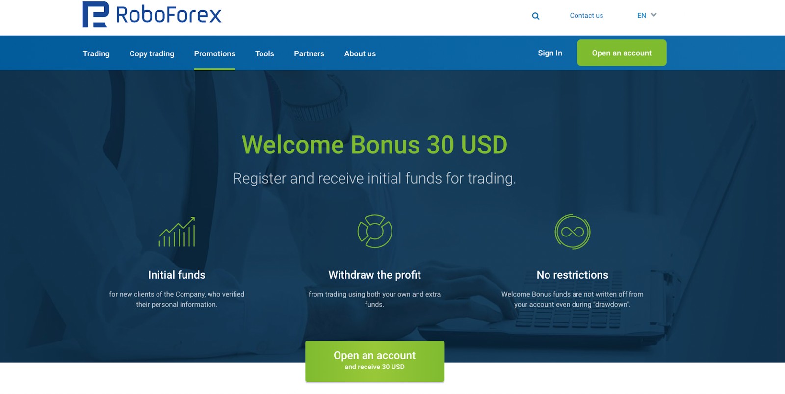Бездепозитный бонус на примере брокера RoboForex