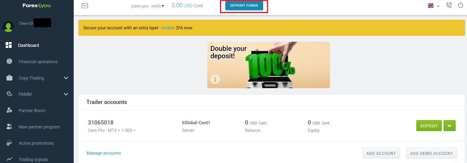 Пополнение счета в личном кабинете брокера Markets4you (Forex4you)