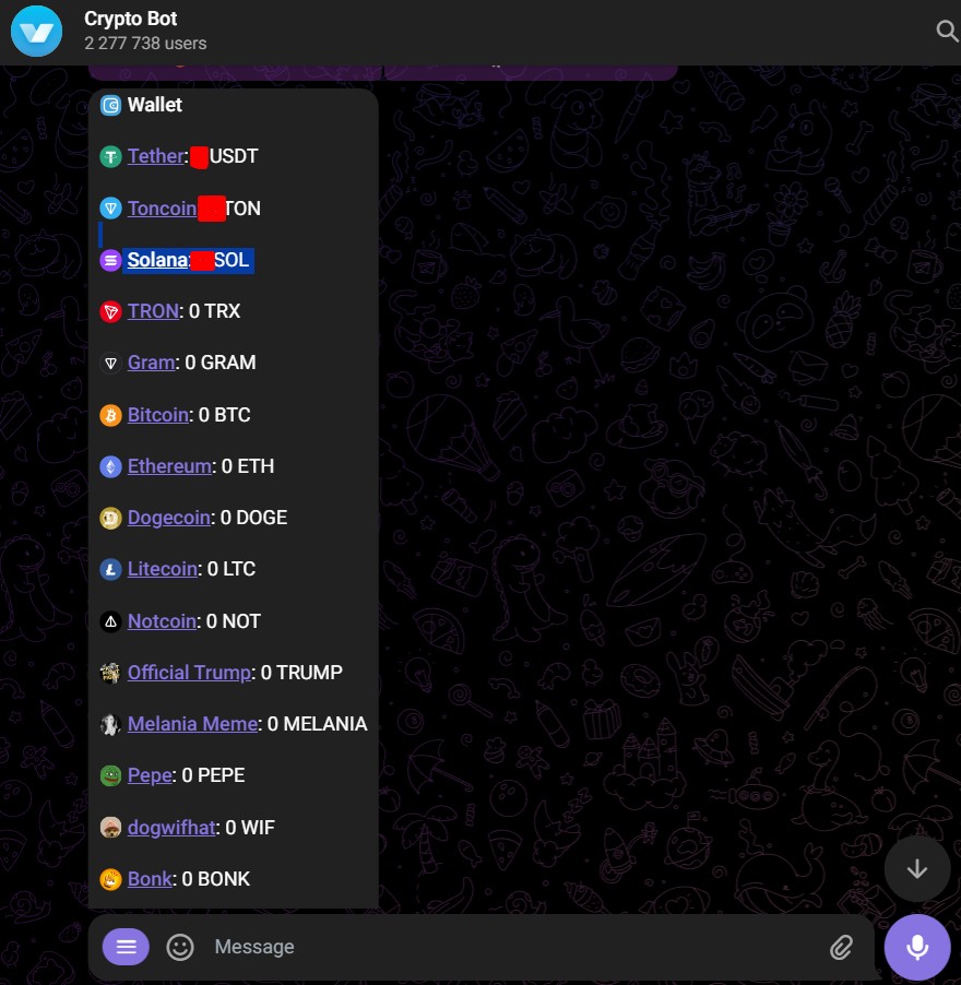 Криптовалюты в кошельке Crypto Bot