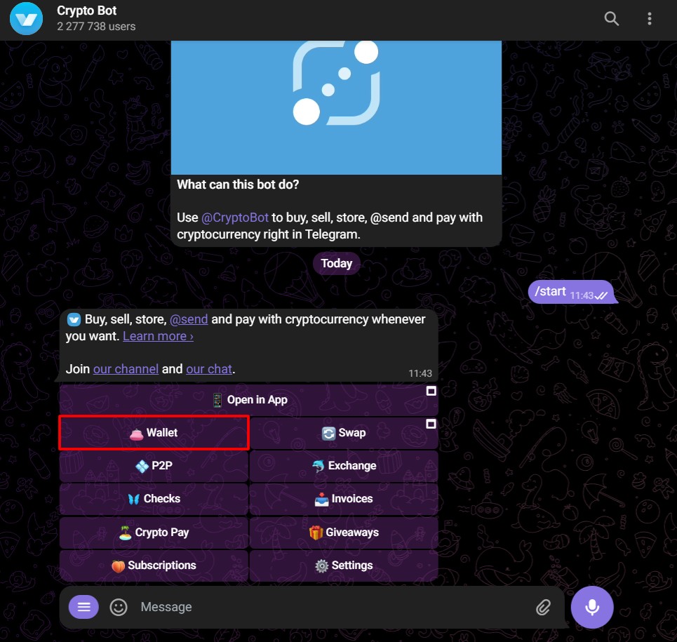 Выбор "Wallet" в Crypto Bot