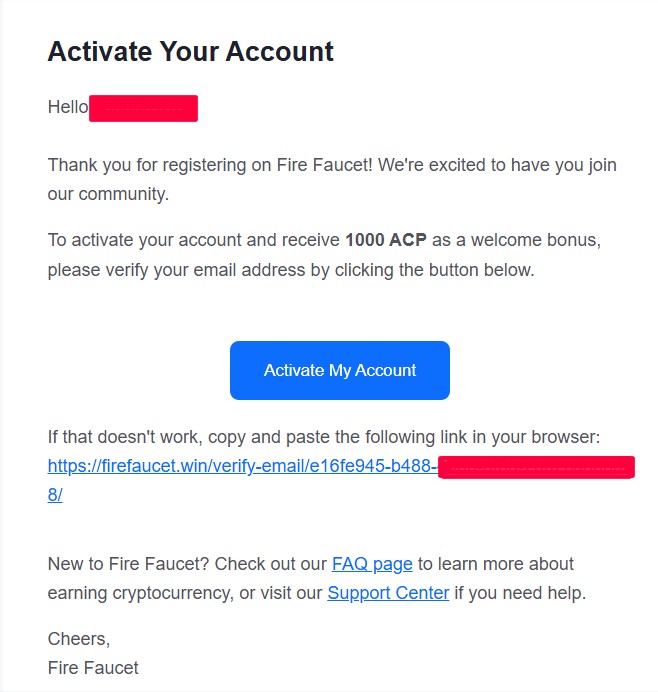 Активація акаунту Fire Faucet