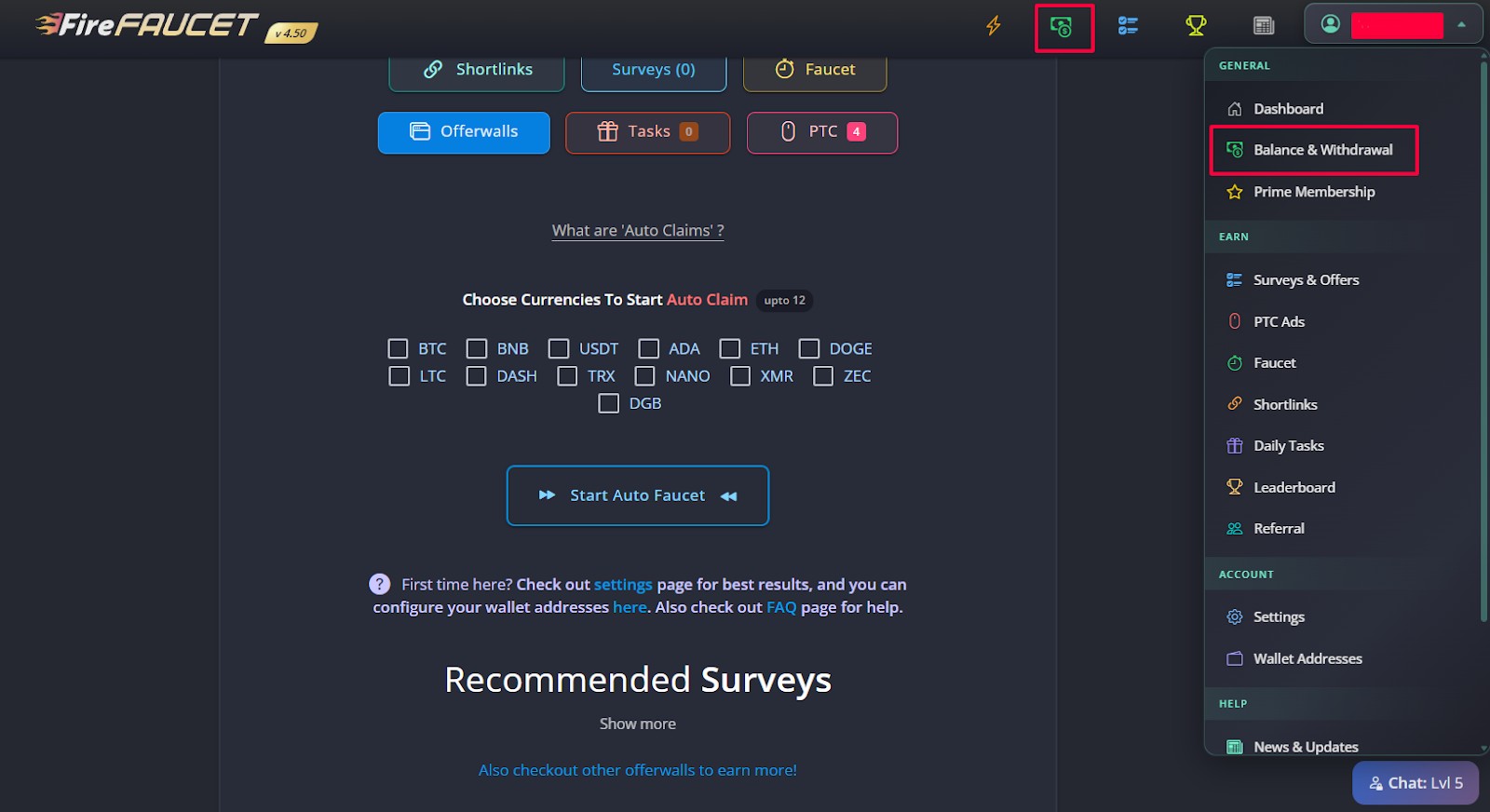 Пункт "Balance and Withdrawal" на Fire Faucet