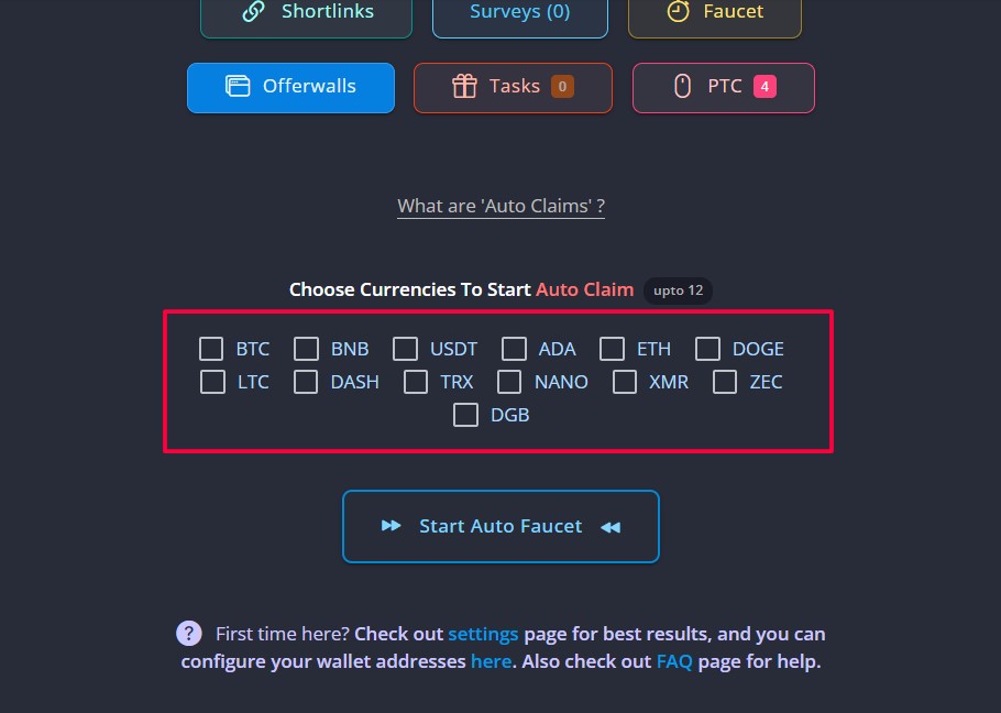 Список доступних криптовалют на Fire Faucet