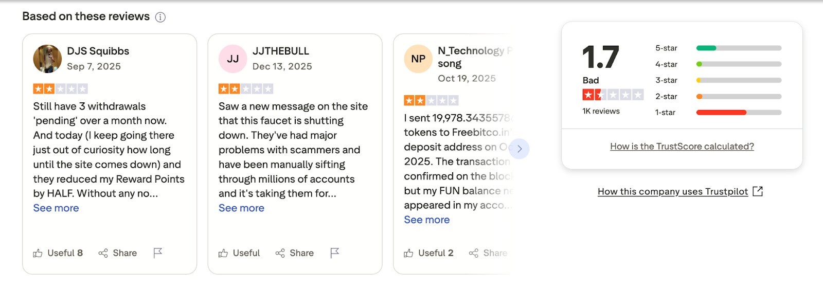 Примеры отзывов о FreeBitcoin на Trustpilot