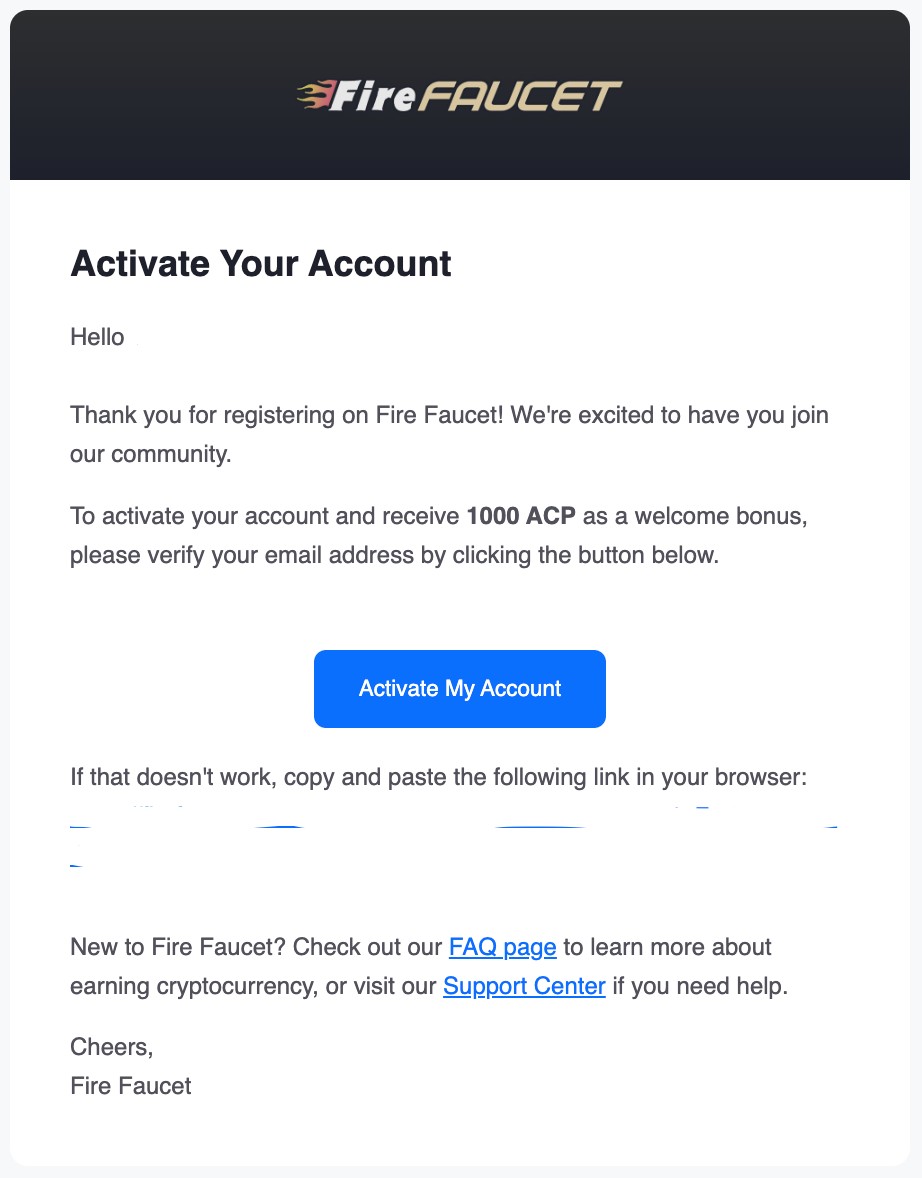 FireFaucet confirmation email