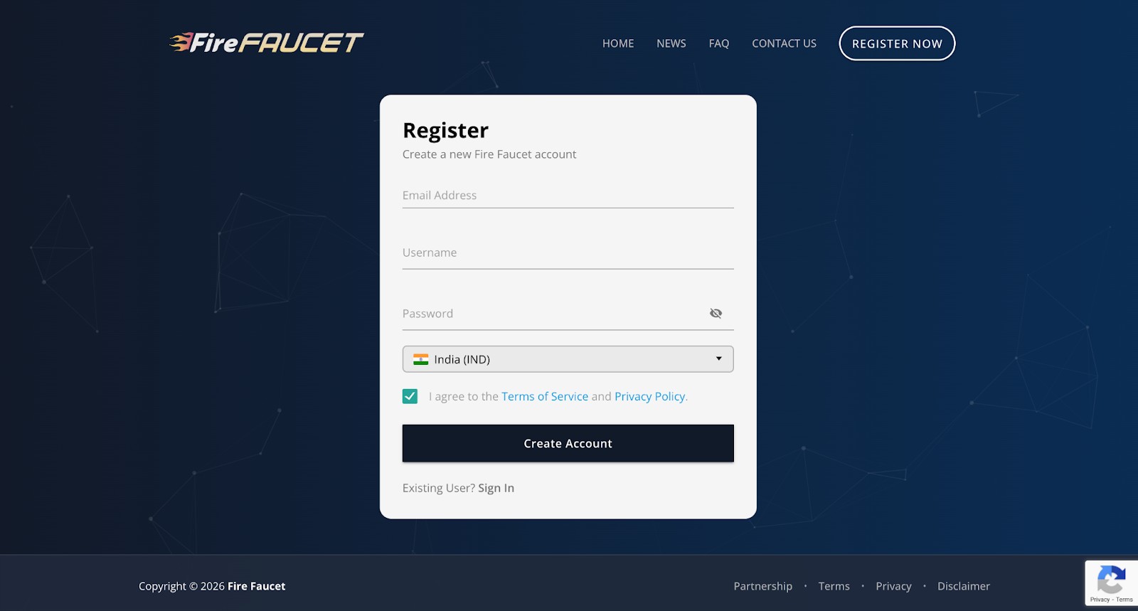 FireFaucet registration form