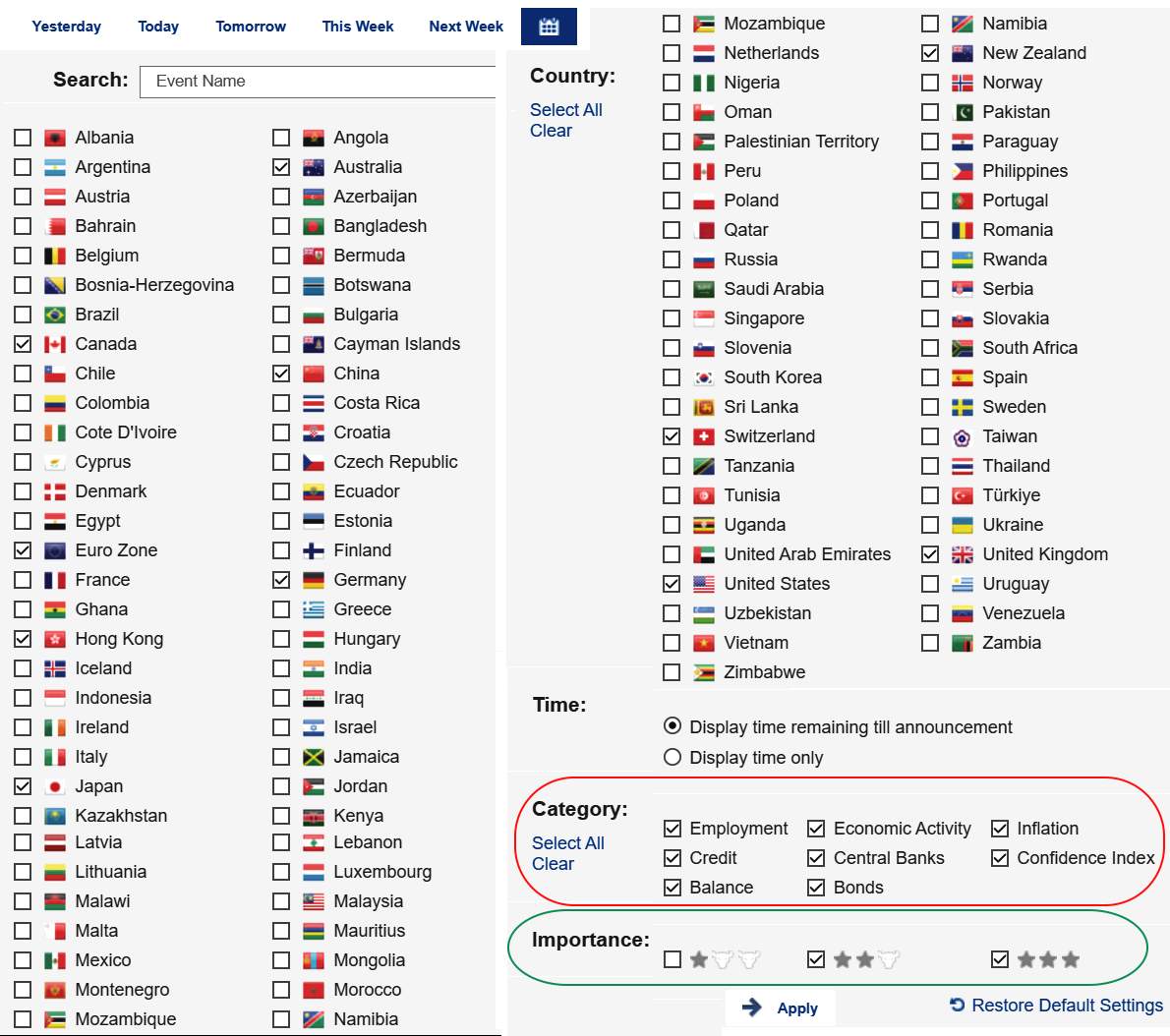 Setting economic calendar filters