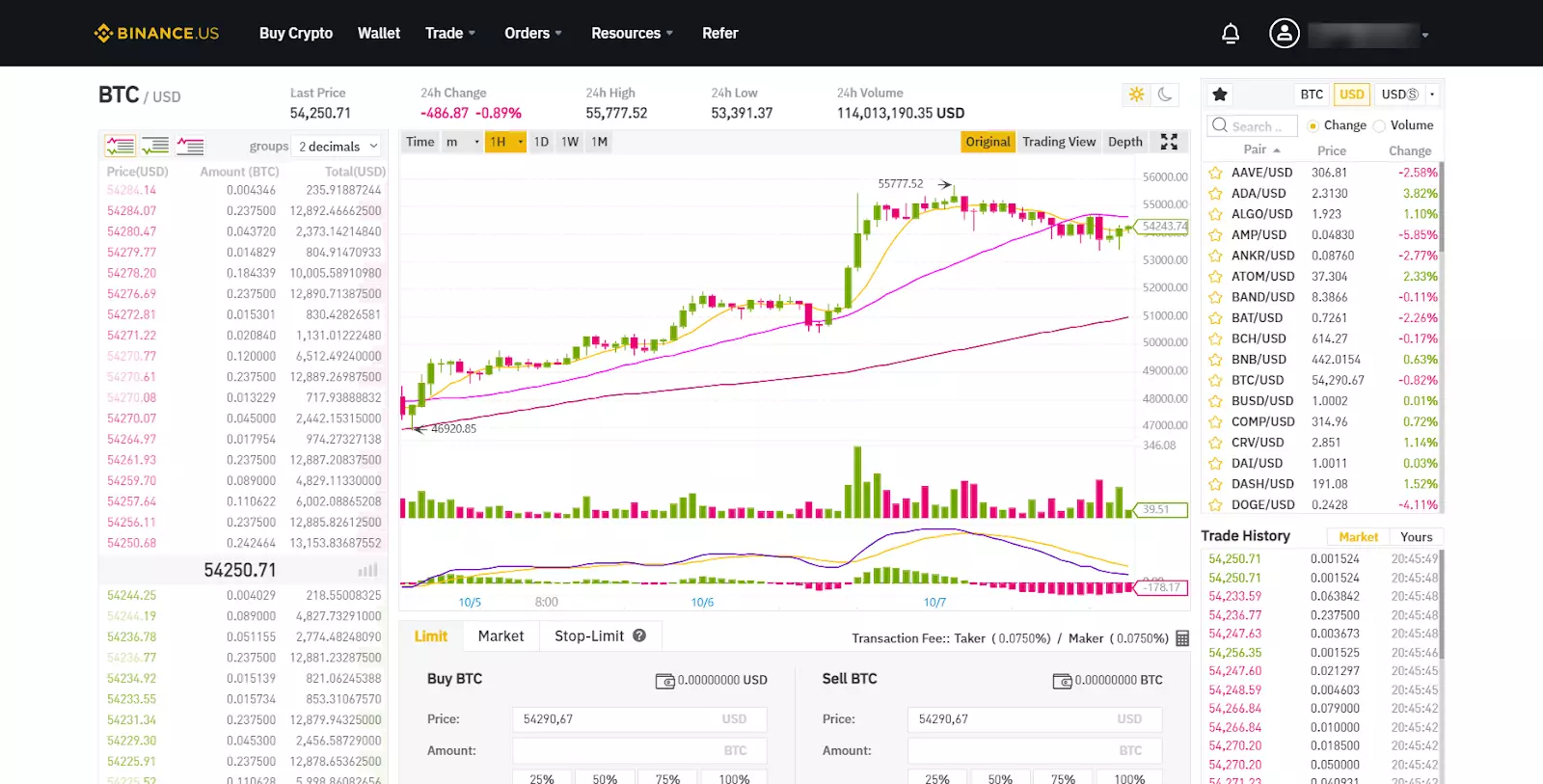 Overview of Binance US — Trading terminal