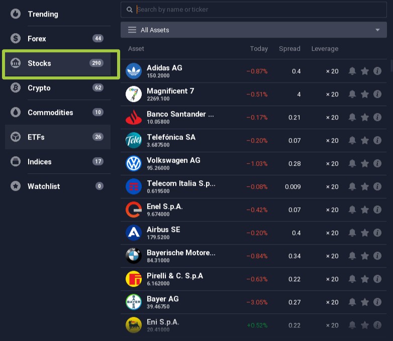 IQ Broker offers almost 300 stock assets