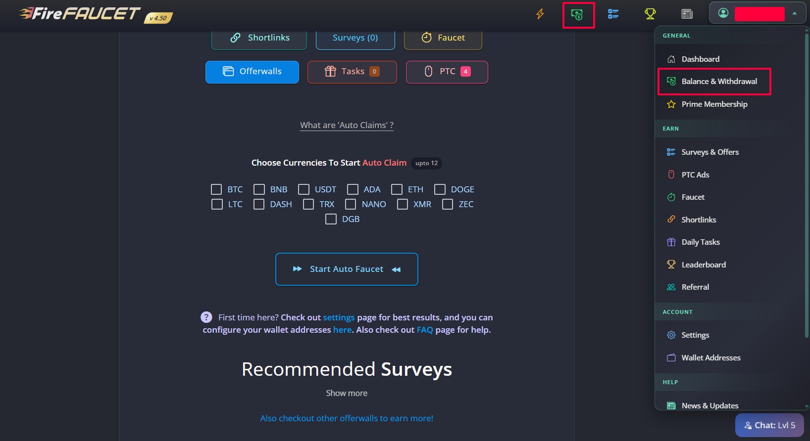 Пункт "Balance and Withdrawal" на Fire Faucet
