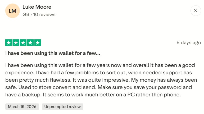 Приклад позитивного відгуку про Guarda Wallet