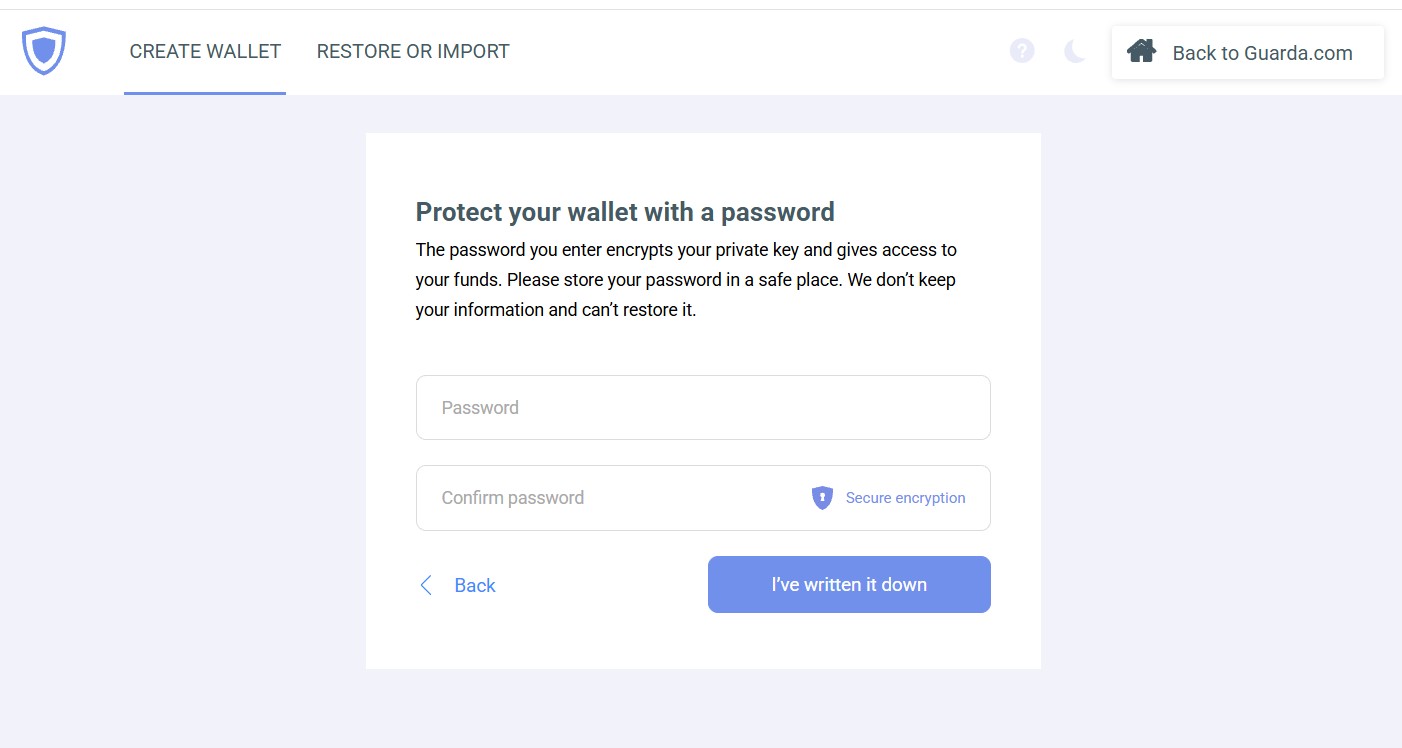 Встановлення пароля в Guarda Wallet