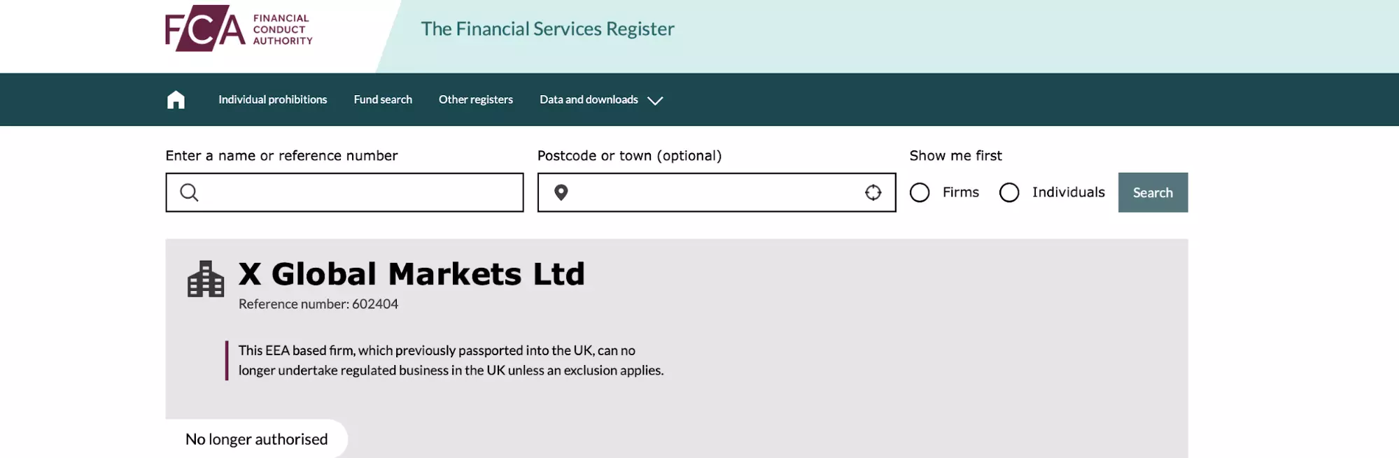 The results of a check in the database of the British regulator FCA