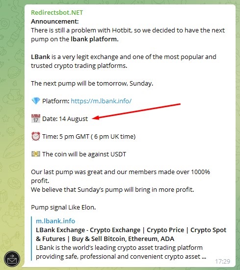 A message about a planned pump and dump in Telegram