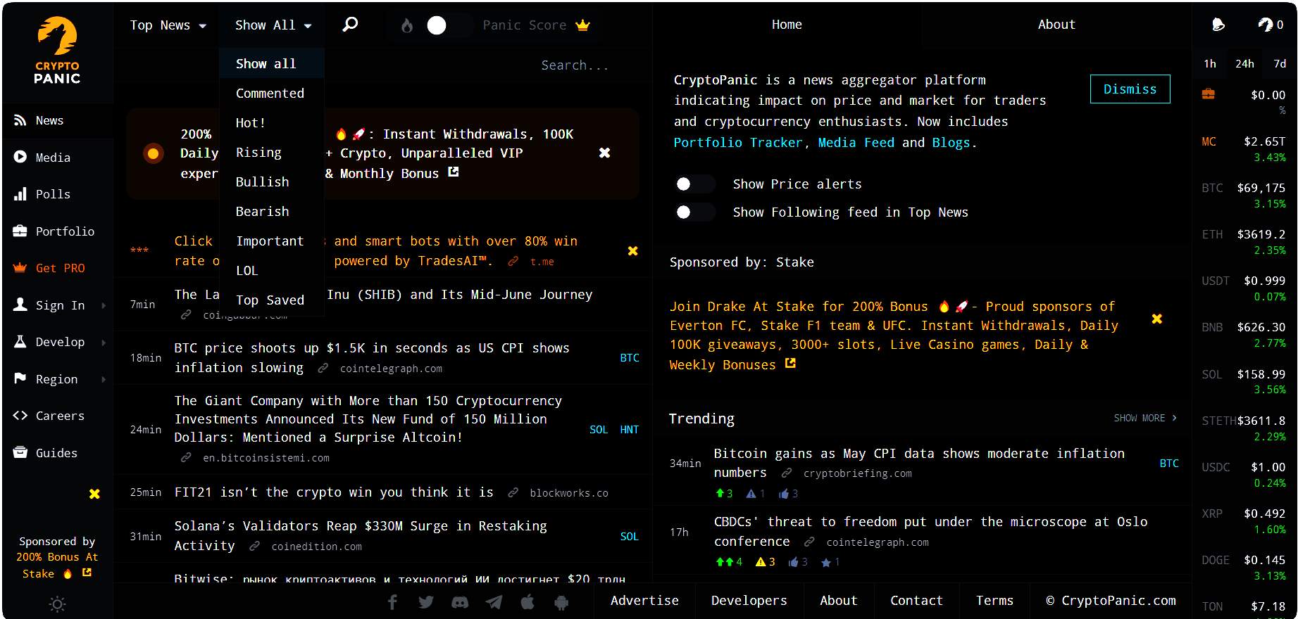 Сайт cryptopanic.com