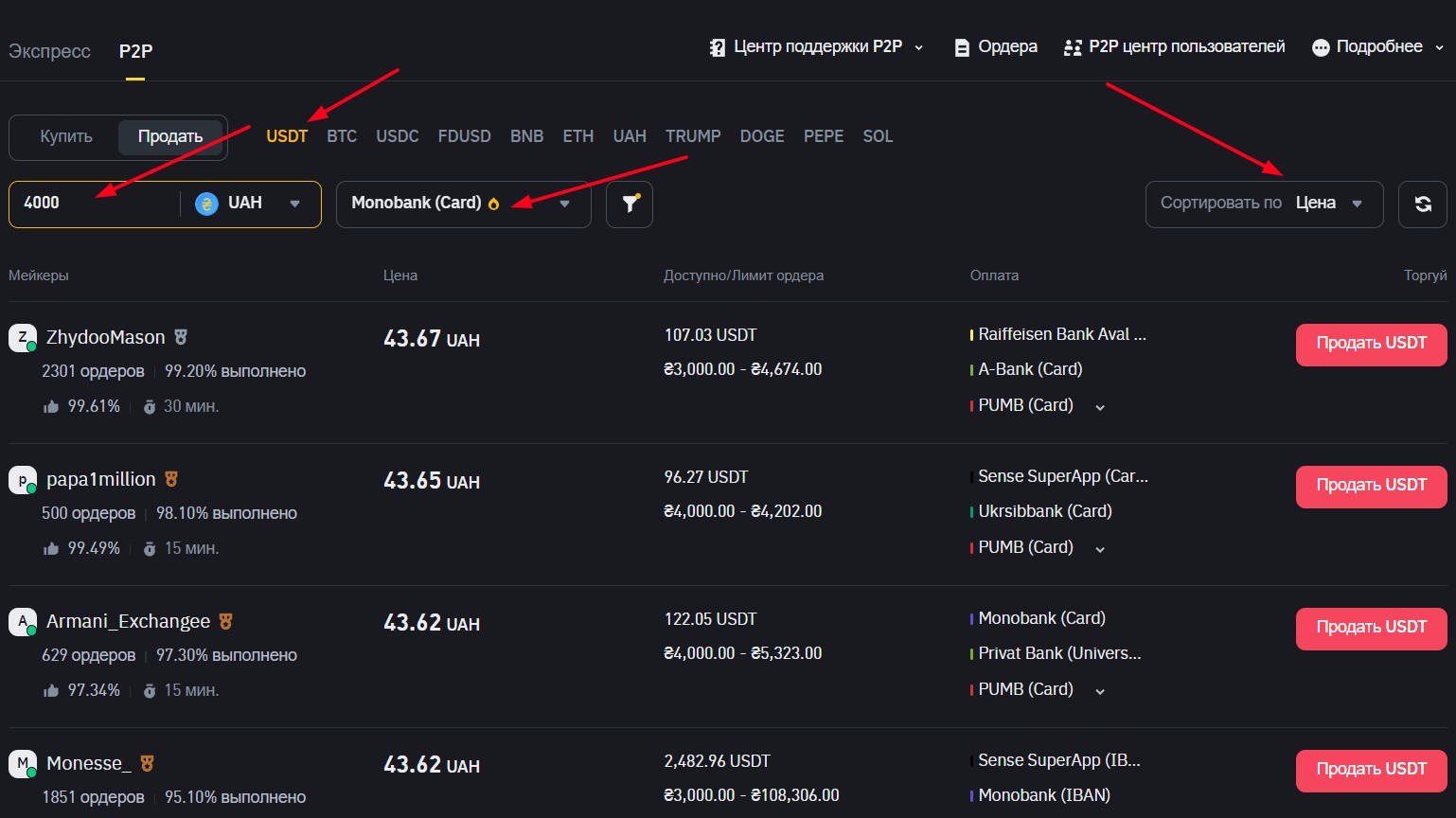 Выбор контрагента на Binance