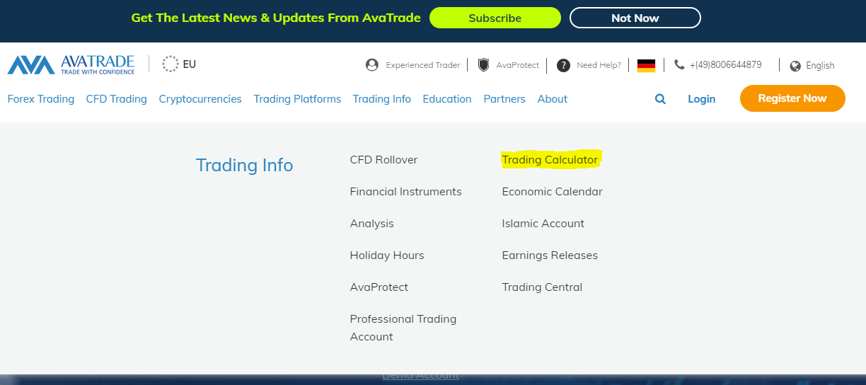 AvaTrade broker - Trading Calculator