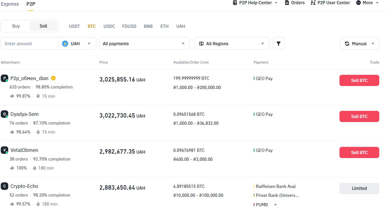 Вибір контрагента на Binance P2P